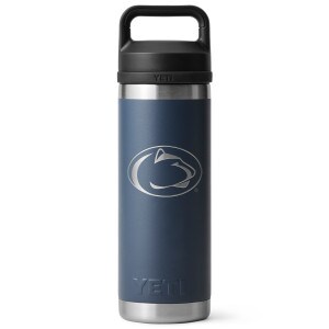 Yeti Rambler 18oz navy bottle with chug cap and engraved Penn State Athletic Logo